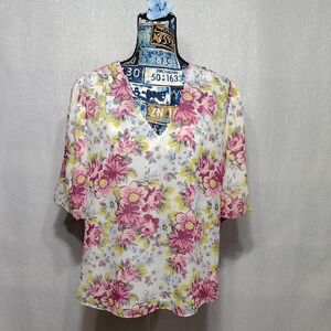 Cato Pink and Yellow Floral V-Neck Blouse